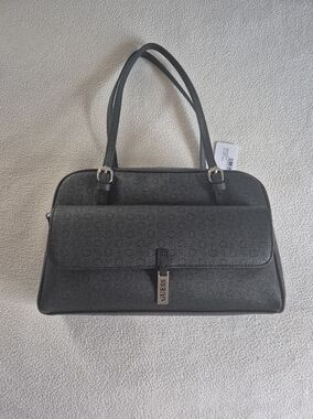 GUESS Black Logo Dome Satchel Shoulder Bag, color Coal